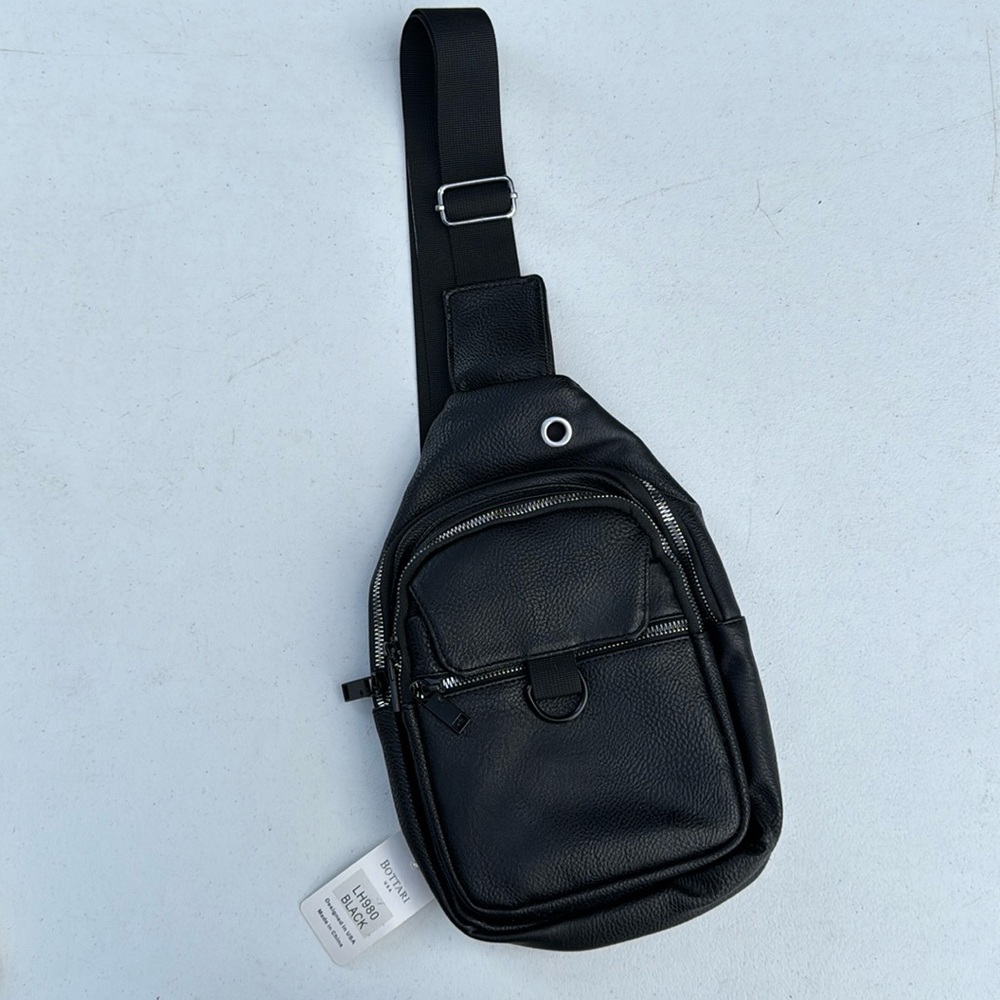 Bottari Sling Bag Unisex Multiple Pockets Black PU Leather NWT.